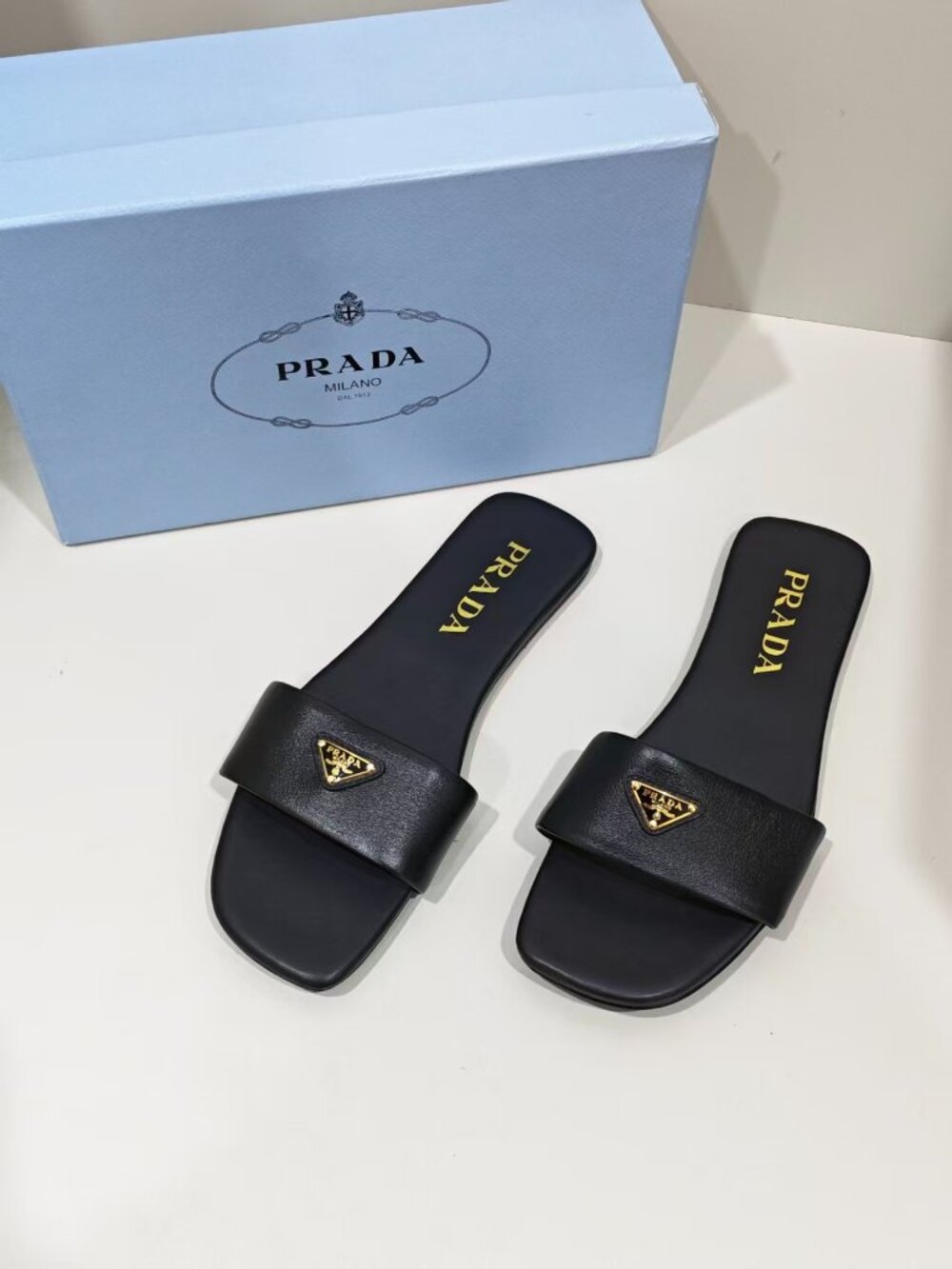 Prada Black Leather Triangle Logo Slide Sandals